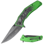 Grim Reaper Skull Handle Skull Spring Assist Pocket Knife Green