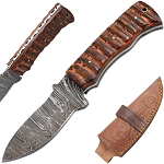 Old Ram Handmade Full Tang Damascus Steel Hunting Knife with Brown Wood Handle & Leather Sheath