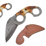 Old Ram Handmade Real Damascus Karambit Knife with Bone Handle & Leather Sheath