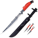 Red Tactical Ninja Sword With 3-Pcs Kunai Throwing Knife Set