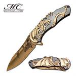 Gold Dragon Design Spring Assisted Opening Folding Knife Gift