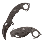 Black Karambit Spring Assist Knife - Finger Ring Stiff Grip, Seat Belt Cutter 