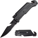8.5 Inch 6-in-1 Multi-Tool All Black Rescue Folding Pocket Knife LED and Fire Starter