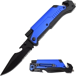 8.5 Inch 6-in-1 Multi-Tool Black and Blue Rescue Folding Pocket Knife LED and Fire Starter
