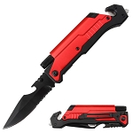 8.5 Inch 6-in-1 Multi-Tool Black and Red Rescue Folding Pocket Knife LED and Fire Starter