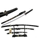 Black 3 Pcs Bushido Dragon Samurai Katana Sword Set with Stand