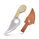 7.25 Inch Handmade Fixed Blade Skinner Knife with Finger Hole - Real Bone Handle