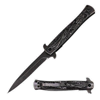 9” Stonewash Dragon Engraved Stiletto Style Spring Assist Pocket Knife