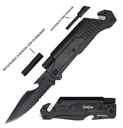 6-in-1 Survival Rescue Folding Spring Assist Pocket Knife with LED Light Tool