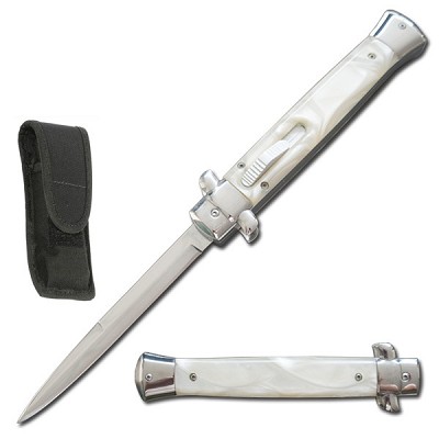 11 Inches Classic Gentleman Italian Stiletto OTF White Pearl Handle Knife