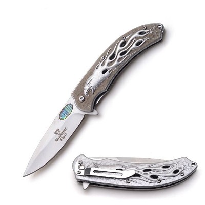Spring-Assisted Knife - Silver Flaming Eagle