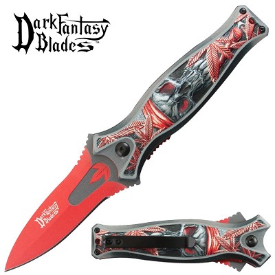 8.25 Inch Red Fantasy Skull & Marijuana Leaf Spring Assisted Knife