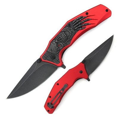 Grim Reaper Skull Handle Skull Spring Assist Pocket Knife Red