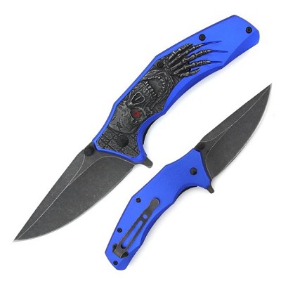 Grim Reaper Skull Handle Skull Spring Assist Pocket Knife Blue