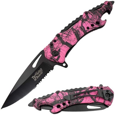 Pink Camo Handle Bottle Opener Spring Assist Pocket Knife