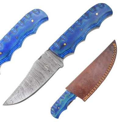 Old Ram Damascus Steel Drop Point Fixed Blade Survival Knife with Blue Wood Handle