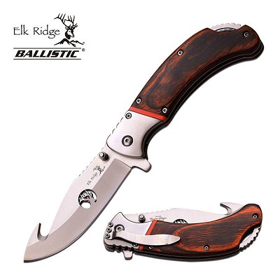 Elk Ridge Ballistic 3.5 Inch Gut Hook Blade Spring Assisted Knife Brown Pakka Wood
