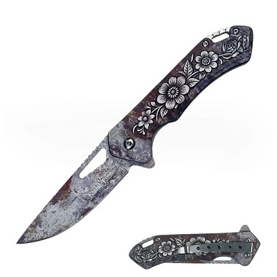 Floral Design 7.7 Inch Overall Spring Assisted Knife - Patina Finish