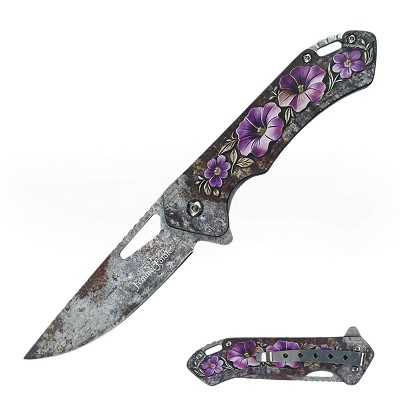 Purple Floral Design 7.7 Inch Overall Spring Assisted Knife