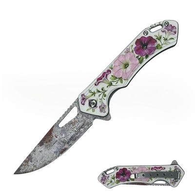 White Floral Design 7.7 Inch Overall Spring Assisted Knife