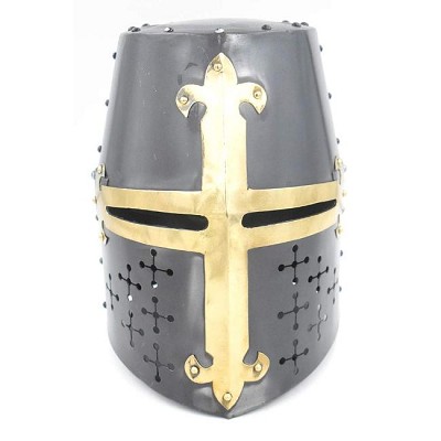 Templar Brass Crusader Helmet Knights Helmet Black and Gold with Stand