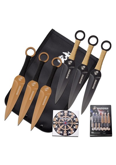 USMC 6 Piece Throwing Knife Set - Black / Tan Finish