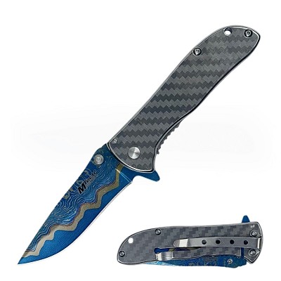 Spring Assisted Knife – Blue Damascus Wave Laser Etched Blade & Carbon Fiber Look Handle