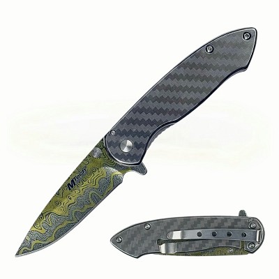 Spring Assisted Knife – Yellow Damascus Wave Laser Etched Blade & Carbon Fiber Look Handle