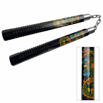 12.5 Inch Black Wood With Green Oriental Chinese Dragon Nunchaku
