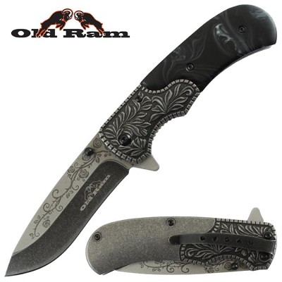 8 Inch Spring Assisted Knife Heavy Duty Black Pearl Handle