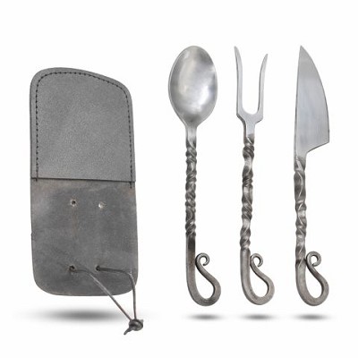 3-Piece Medieval Hand-Forged Travel Cutlery Set Silver