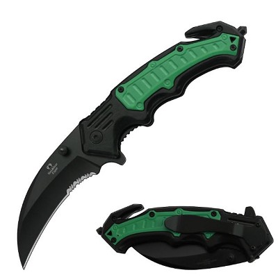 Rescue Spring Assisted Karambit Green Knife - Serrated Blade
