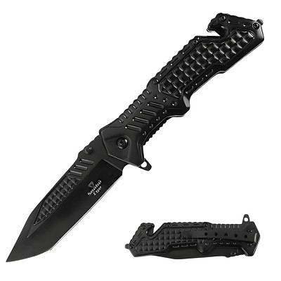 Black Tactical Spring Assisted Knife - Tanto Blade