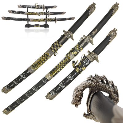 3 Piece Dragon Samurai Sword Set with Wooden Display Stand