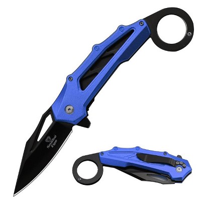 Blue Metal Handle Finger Hole Grip Spring Assist Karambit Knife