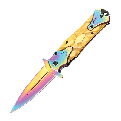 Stiletto Style Spring-Assisted Knife - Yellow Rainbow Handle