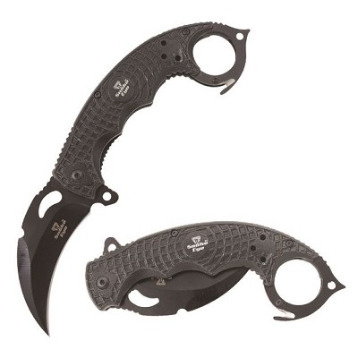Black Karambit Spring Assist Knife - Finger Ring Stiff Grip, Seat Belt Cutter 
