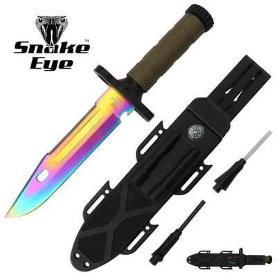 12.5 Inch Tactical Fixed Blade Survival Hunting Knife Rainbow Blade Brown Handle
