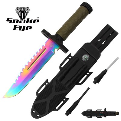 12.5 Inch Tactical Fixed Blade Survival Hunting Knife Rainbow with Rescue Tools