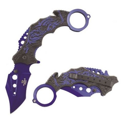 Tactical Blue Karambit Spring Assist Knife Finger Ring Stiff Grip