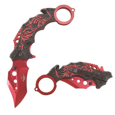 Tactical Red Karambit Spring Assist Knife Finger Ring