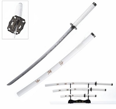 3 Piece Japanese Samurai Sword Set with Stand - White