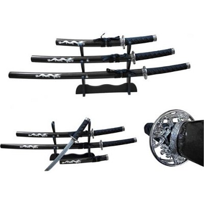 3 Piece Samurai Sword Set with Display Stand - Black Dragon