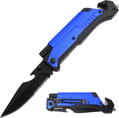 8.5 Inch 6-in-1 Multi-Tool Black and Blue Rescue Folding Pocket Knife LED and Fire Starter