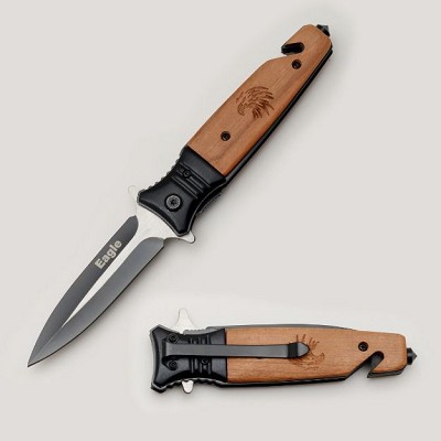 Eagle Engraved Wood Handle Spring Assisted Rescue Pocket Knife