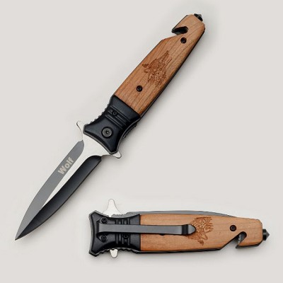 Wolf Engraved Wood Handle Spring Assisted Rescue Pocket Knife