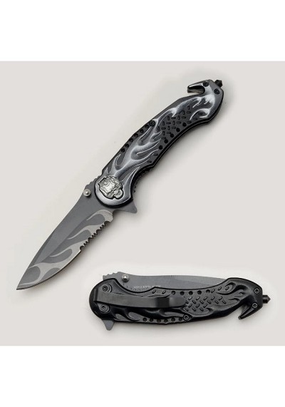 Black Flaming Rescue Style Handle Spring-Assisted Knife