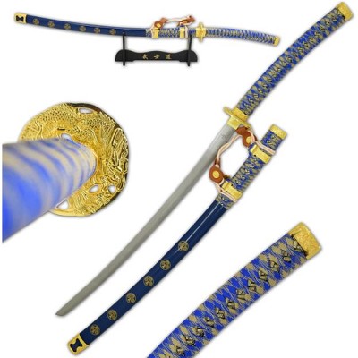 Samurai Reverse Jintachi Blue Sword Silk Hardwood Handle with Stand