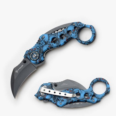 Zombie Killer Skull Karambit Spring Assisted Knife Blue