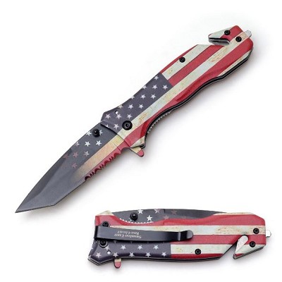 American Flag Half Serrated Tanto Blade Tactical Rescue Style Spring-Assisted